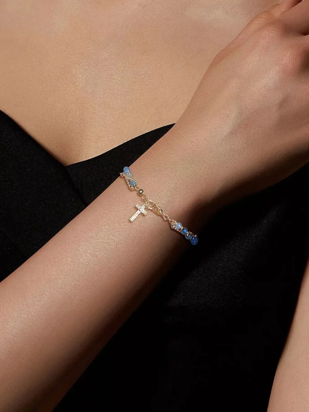Love This Life Blue Quartz Bead Triple Strand Cross Bracelet